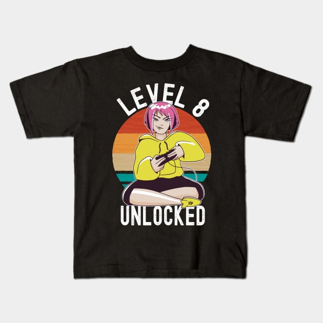 Level 8 Unlocked Girls Loves Anime Gamer 8th Birthday Girl Kids T-Shirt by Ramadangonim